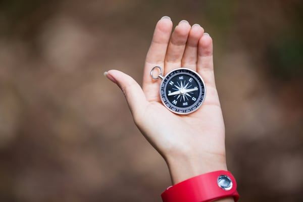 Compass in womans hand in the forest